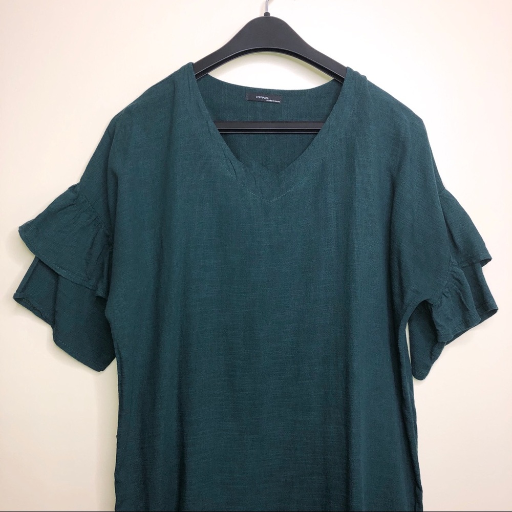 PPWA Chemise Women's Dark Green V-Neck Ruffle Sleeve Dress